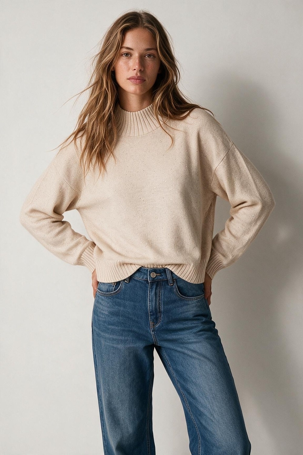 Suéter Beige Relajado de Cuello Alto de Punto Fino con Lentejuelas y Ribeteado Suéter Beige Relajado de Cuello Alto de Punto Fino con Lentejuelas y Ribeteado