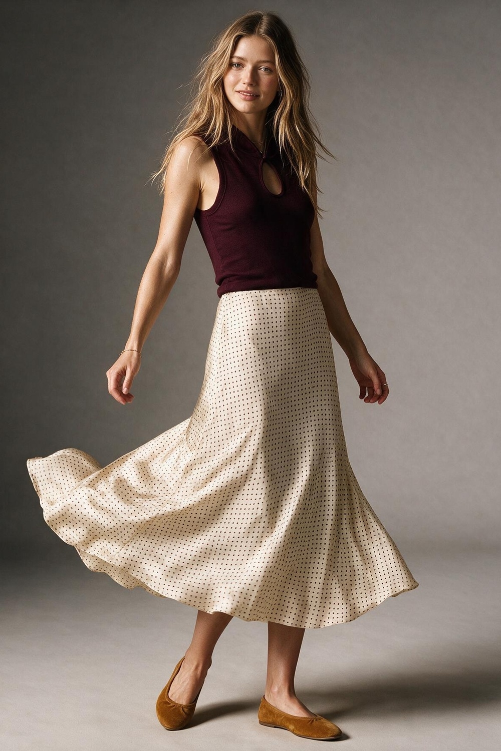 Falda midi de sat&eacute;n con corte al bies y estampado de lunares beige sin pretina