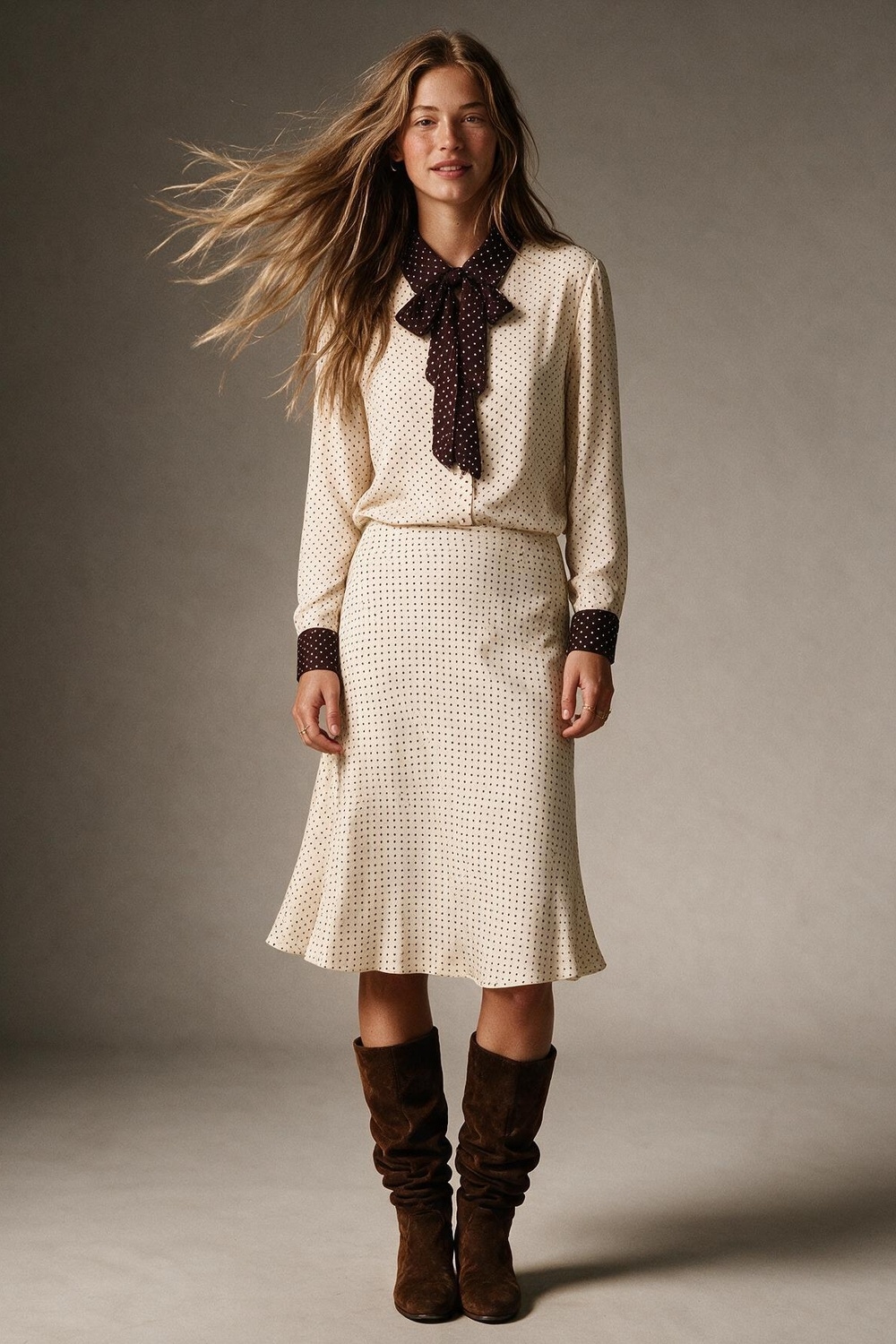 Falda midi de sat&eacute;n con corte al bies y estampado de lunares beige sin pretina