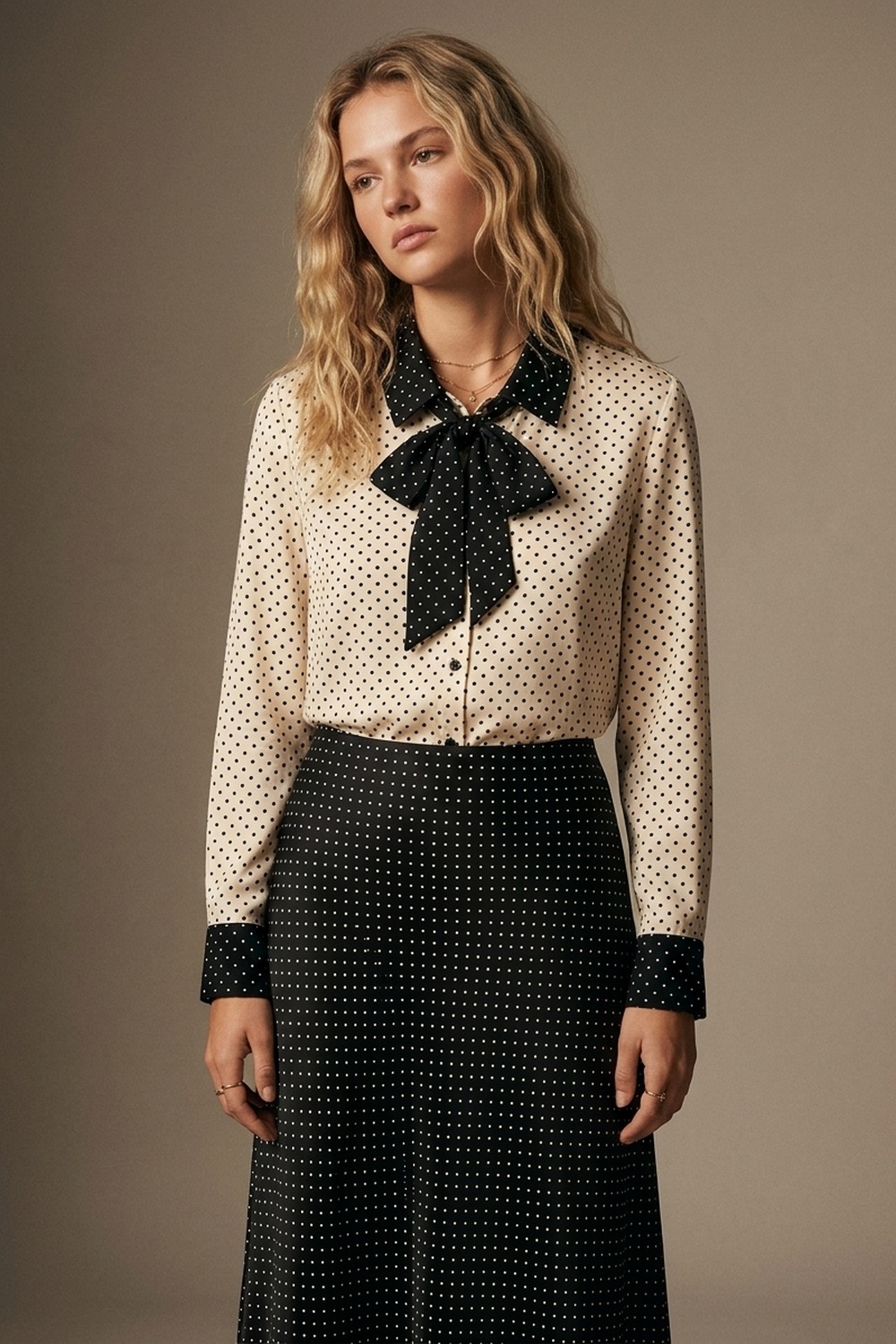 Blusa de sat&eacute;n ligera con estampado de lunares crema y lazo en el cuello en contraste negro