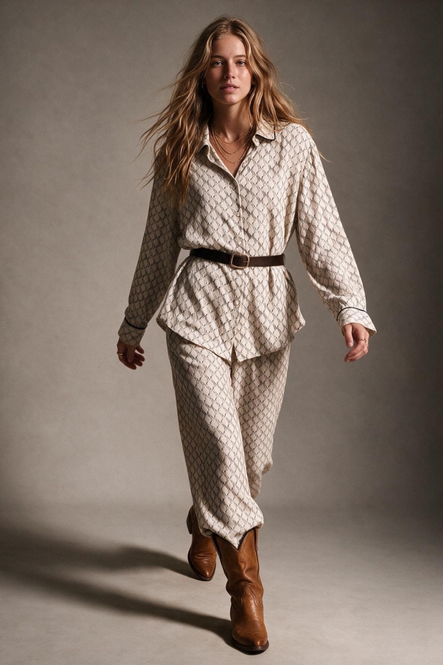 Beige Chain Print Lightweight Woven Piped Belted Shirt