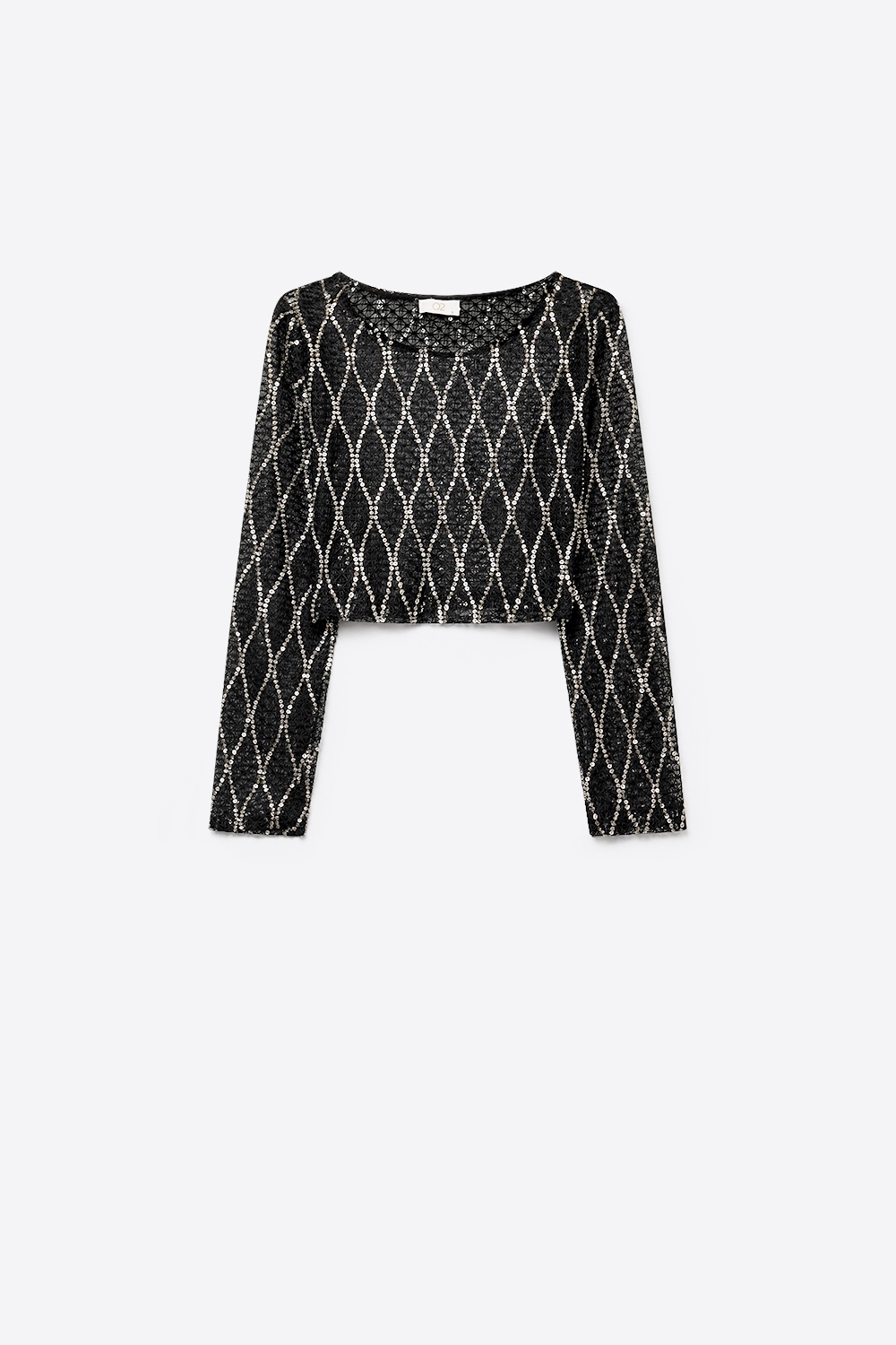 Top corto de manga larga con lentejuelas de diamante de malla transparente negra Top corto de manga larga con lentejuelas de diamante de malla transparente negra