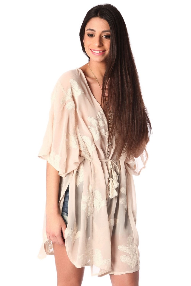 Beige tie front tunic with palm embroidery