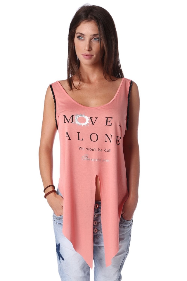 Koralle Trägershirt mit Logo und mittigem Schlitz