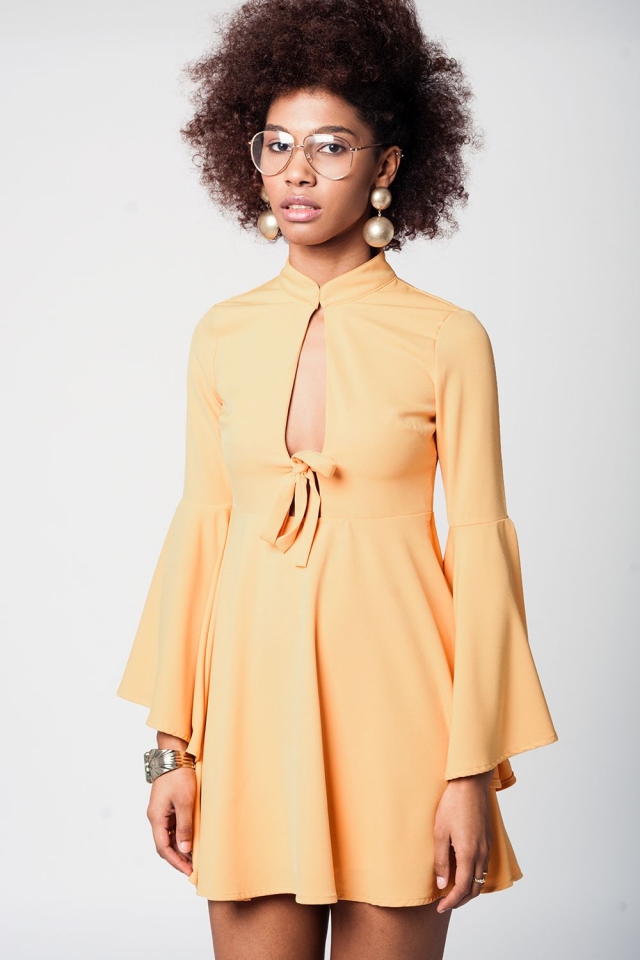 Yellow bell sleeve plunge dress