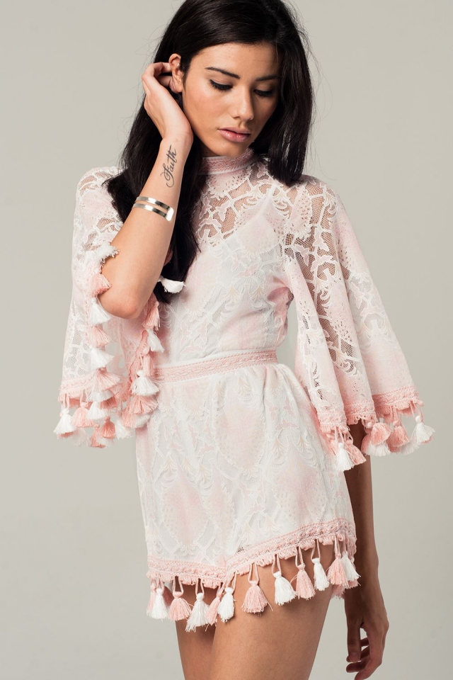 Lace romper with tassels in pink and white