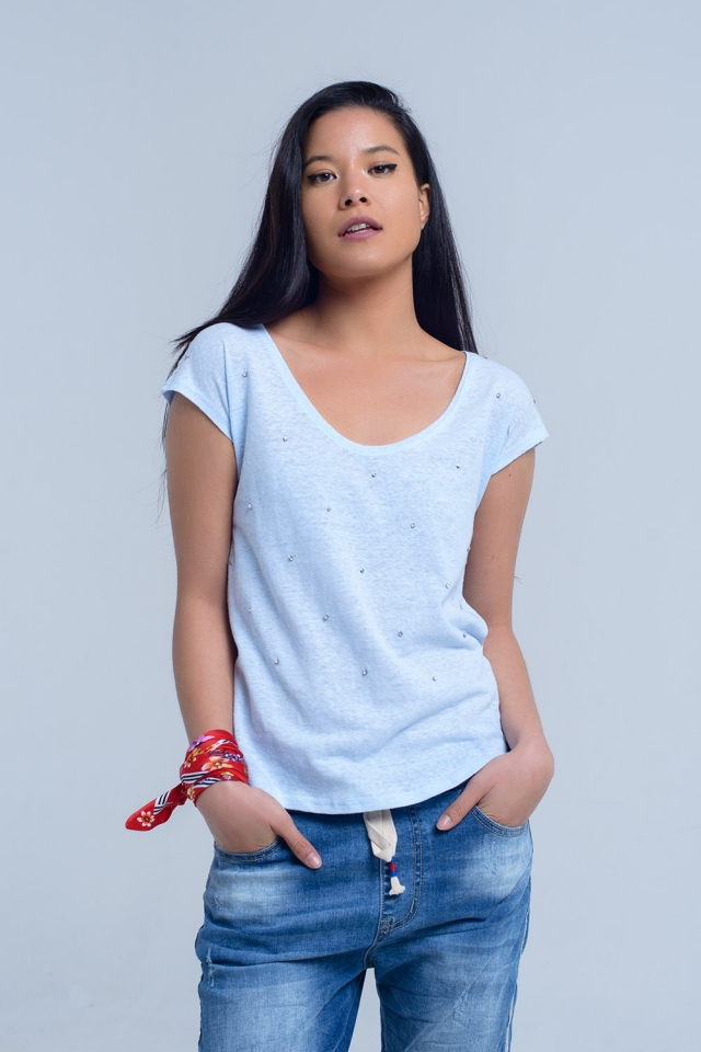 T-shirt bleu avec des strass de cristal