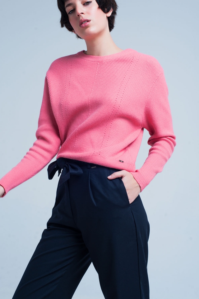 Roze Sweater met Ronde Hals en Textuur