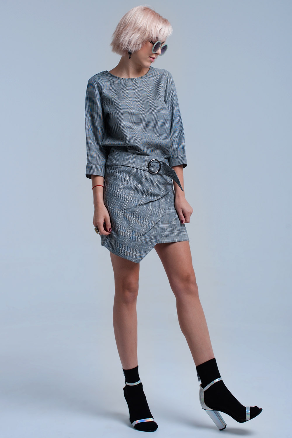 Top de tartán gris con cintas Top de tartán gris con cintas