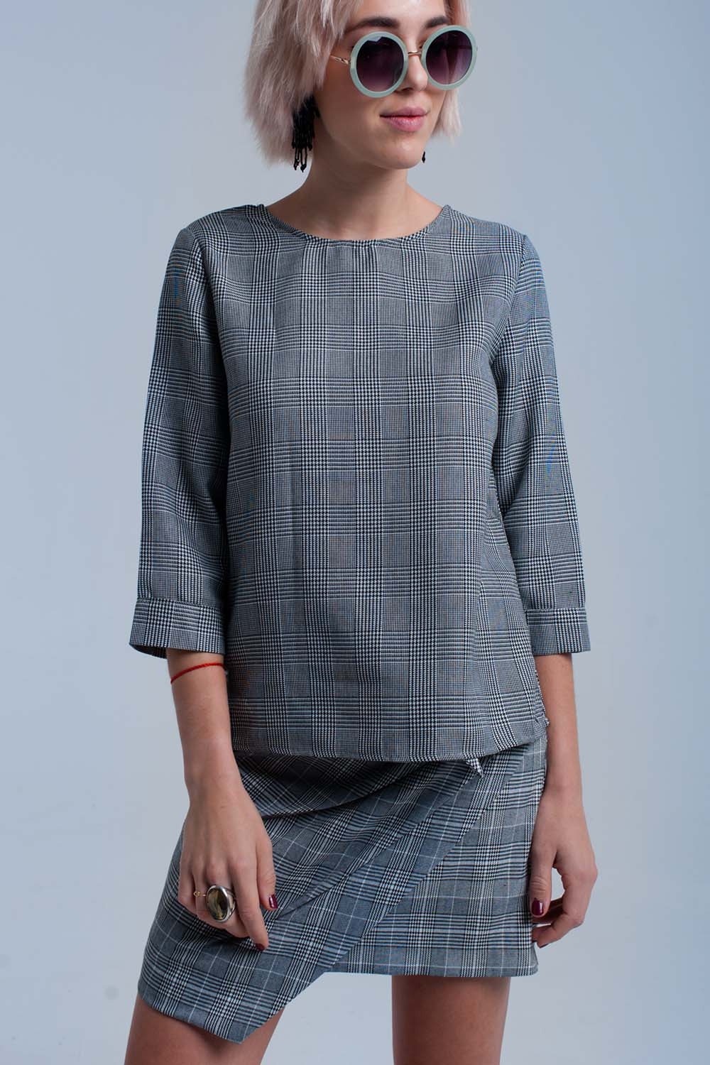 Top de tartán gris con cintas Top de tartán gris con cintas