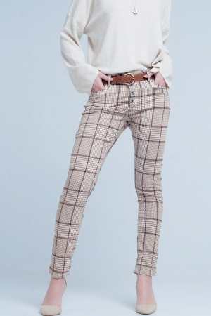 Pantalon de cuadros en beige con botones