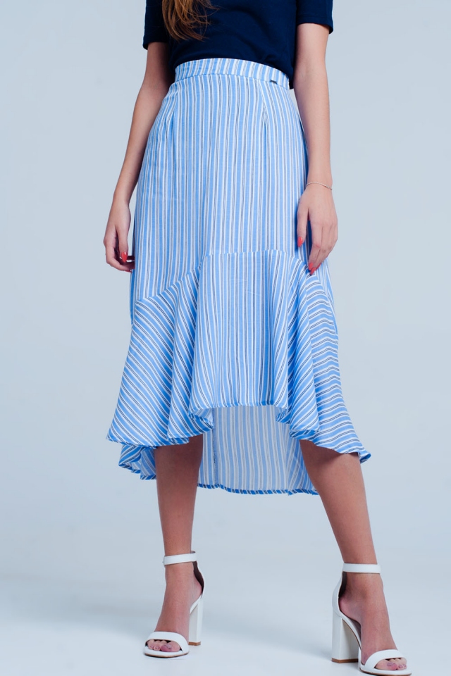 Saia Midi azul com bainha assimétricas e listras