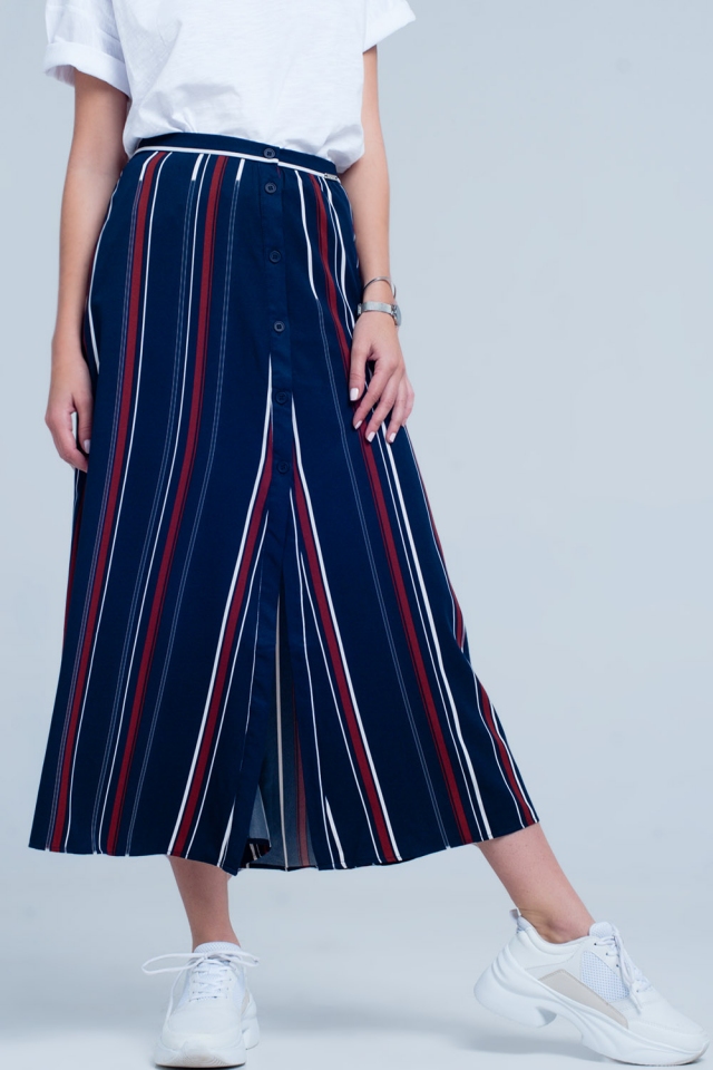 Navy blue striped midi skirt