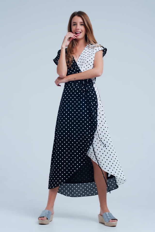 Black white wrap dress with polka dots