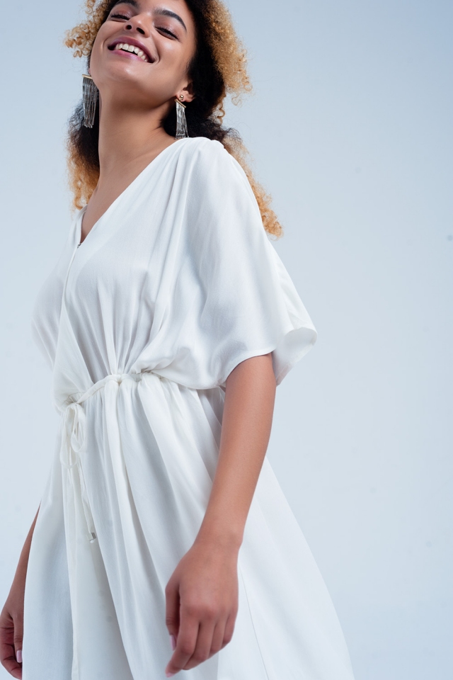 Tie waist midi dress in white