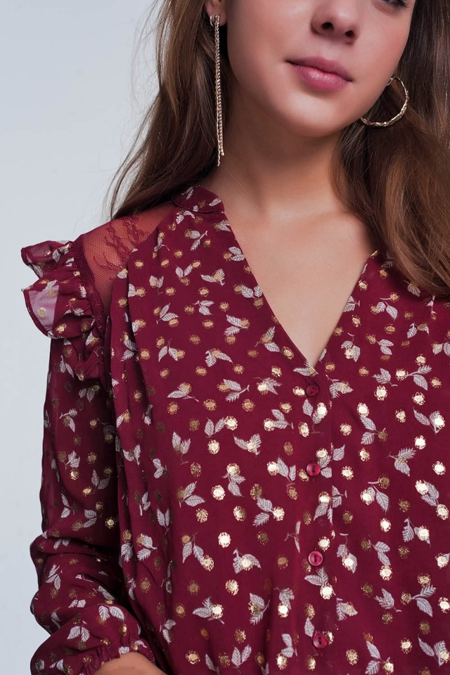 Camicia rossiccio stampata con volant sulle spalle
