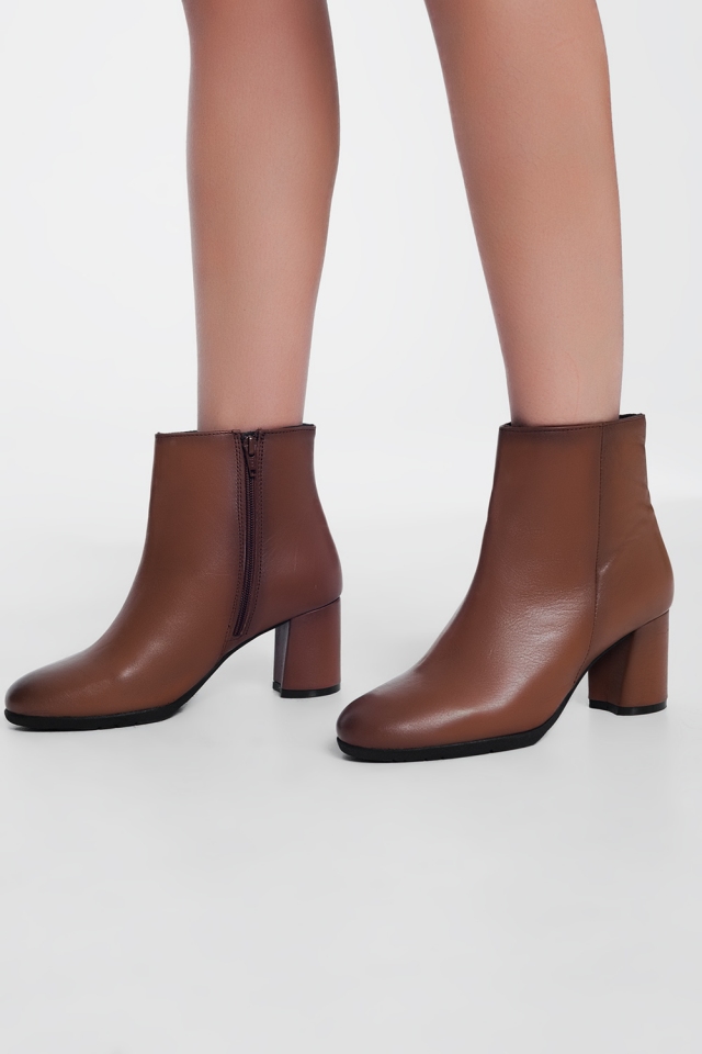 brown blocked mid heeled ankle boots with round toe