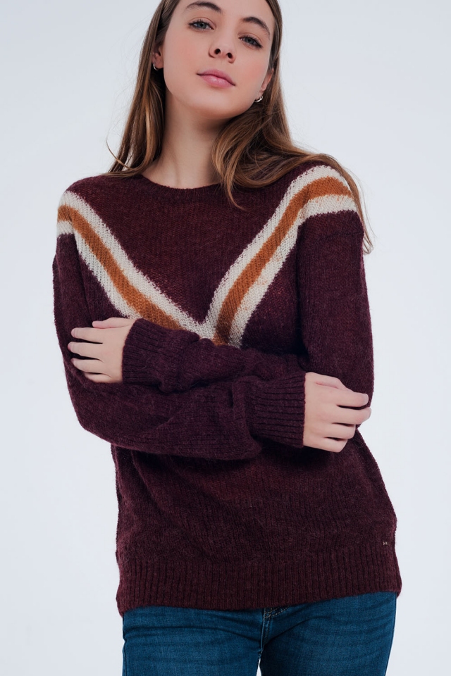 Maroon sweater with striped detail