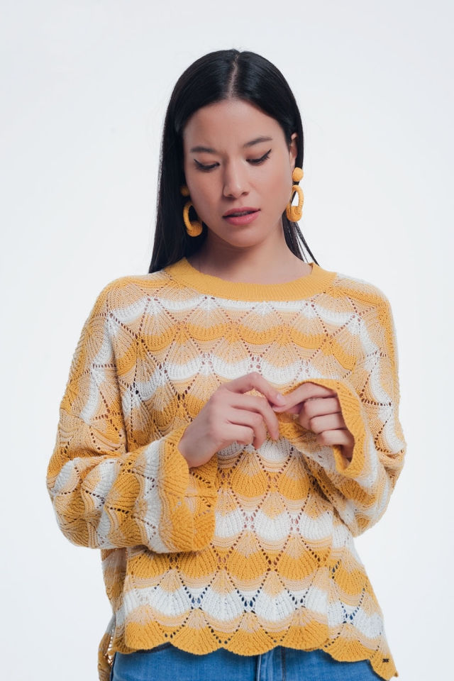Gelb Von Hand gestrickter Pullover mit Streifenmuster