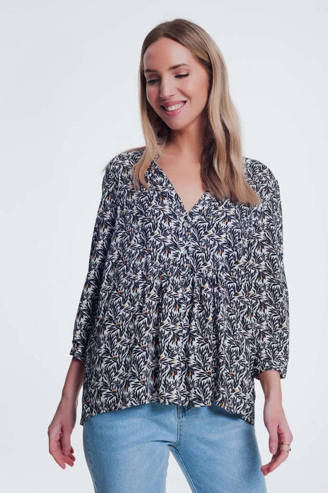 black and white printed blouse with v neck