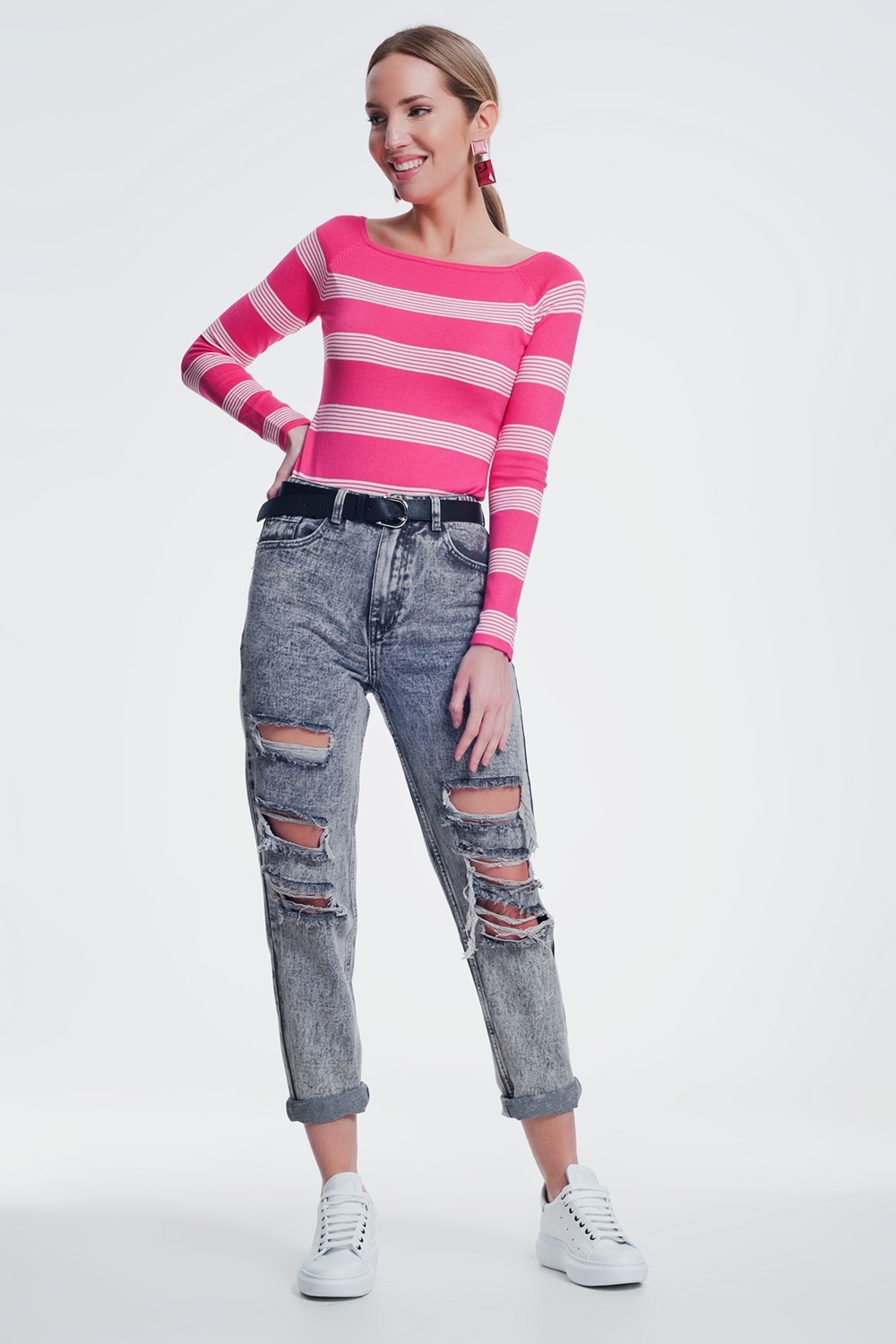 Jersey con cuello barco a rayas en color fucsia Jersey con cuello barco a rayas en color fucsia