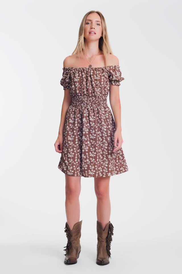 Bruin Minizonnejurk met bardot-halslijn met bloemenprint