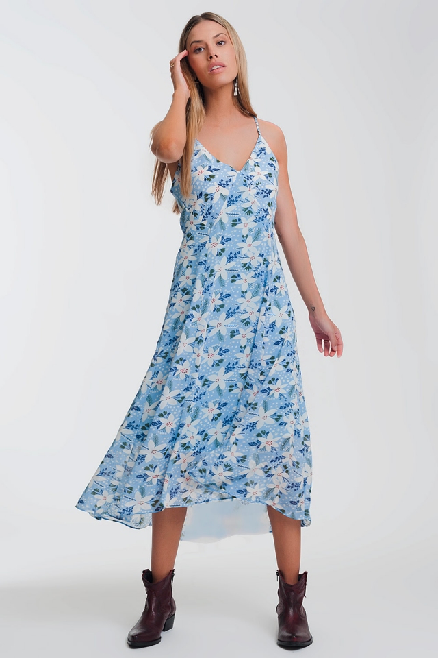 Lange jurk met cami band en bloemenprint in blauw