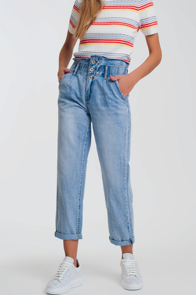 Lichte denim rechte jeans met grote taille band detail