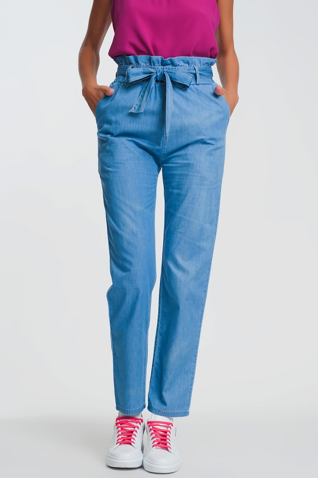 Jeans Lichtgewicht met plooirand en gestrikte taille in lichtblauw