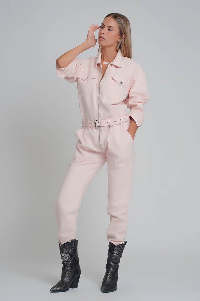 Pink denim jumpsuit with long sleeves