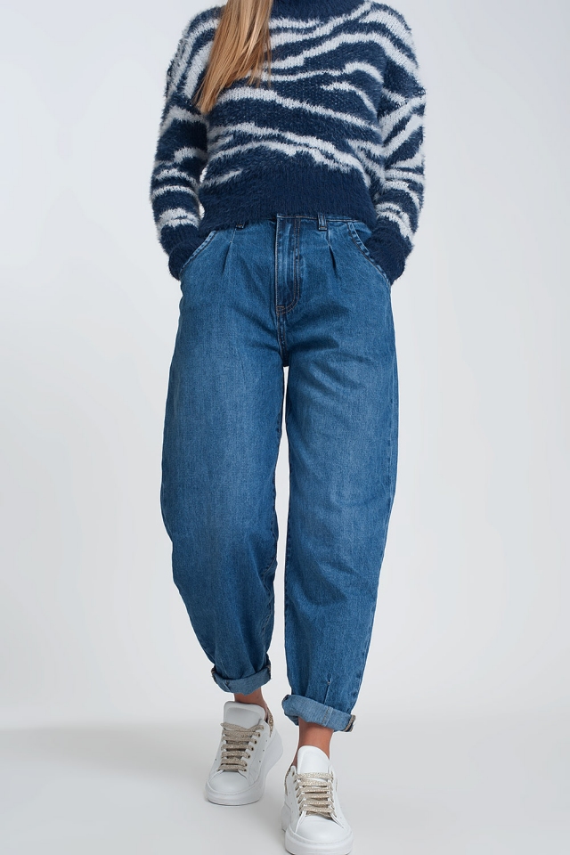 Calça jeans de cintura alta com dois babados na cintura em azul escuro