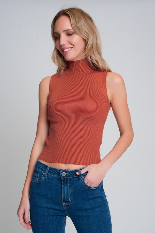 Ribbed knit sleeveless sweater with high neck in camel