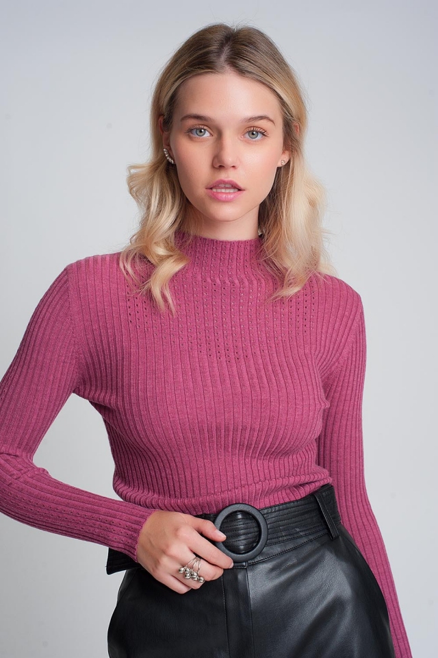 Pull col montant en maille fine en fuchsia