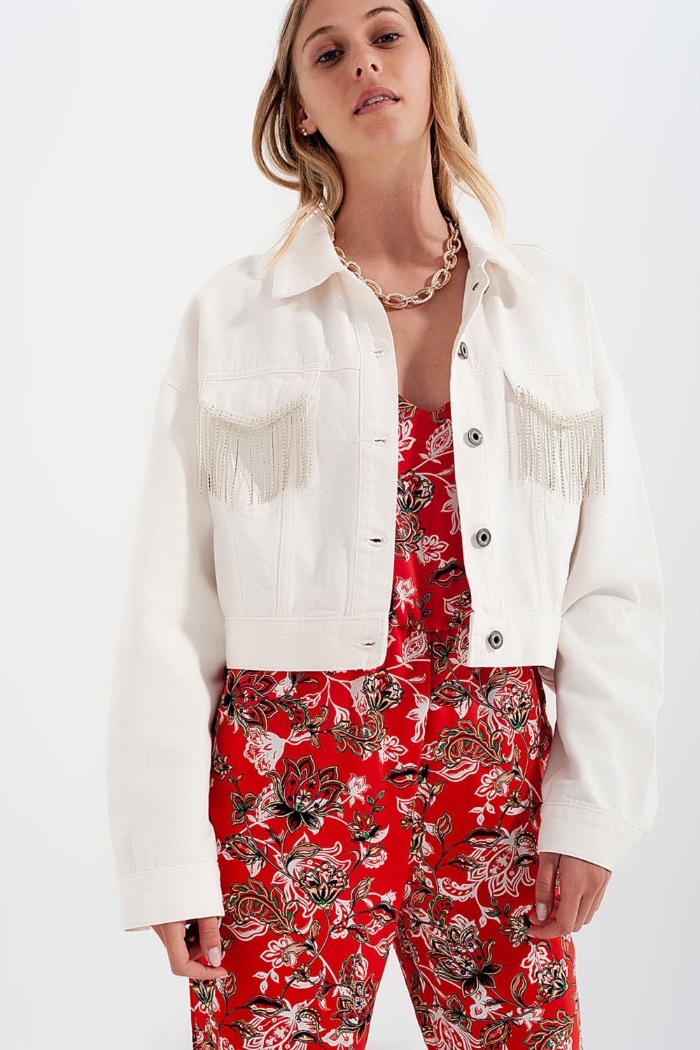 Chaqueta vaquera blanco con flecos de strass Chaqueta vaquera blanco con flecos de strass