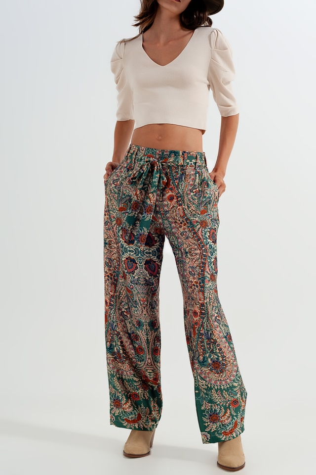 Wide leg pants co-ord in silky paisley print in green