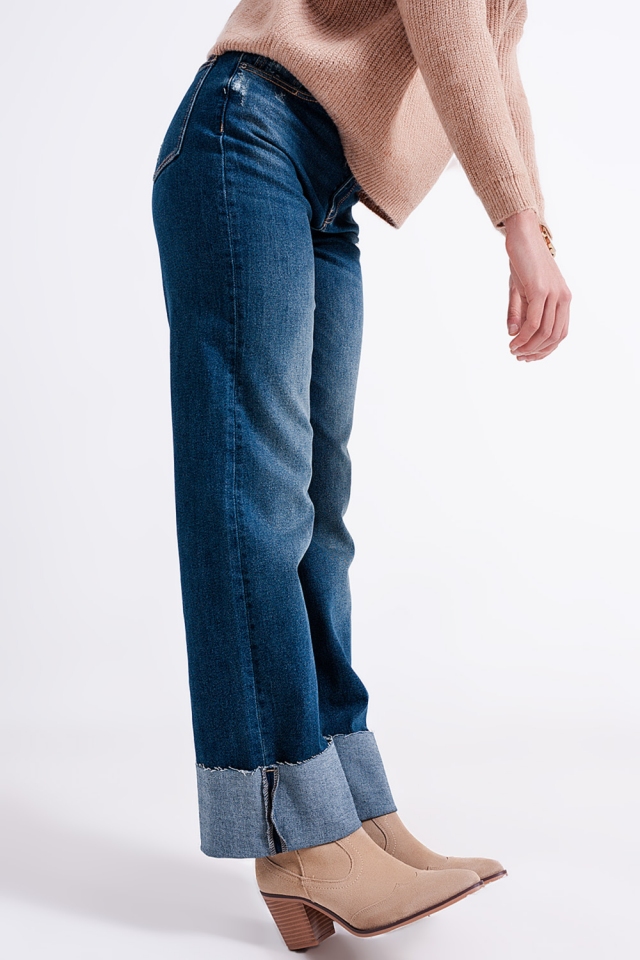 Mom jeans met hoge taille en omgeslagen zoom in blauw