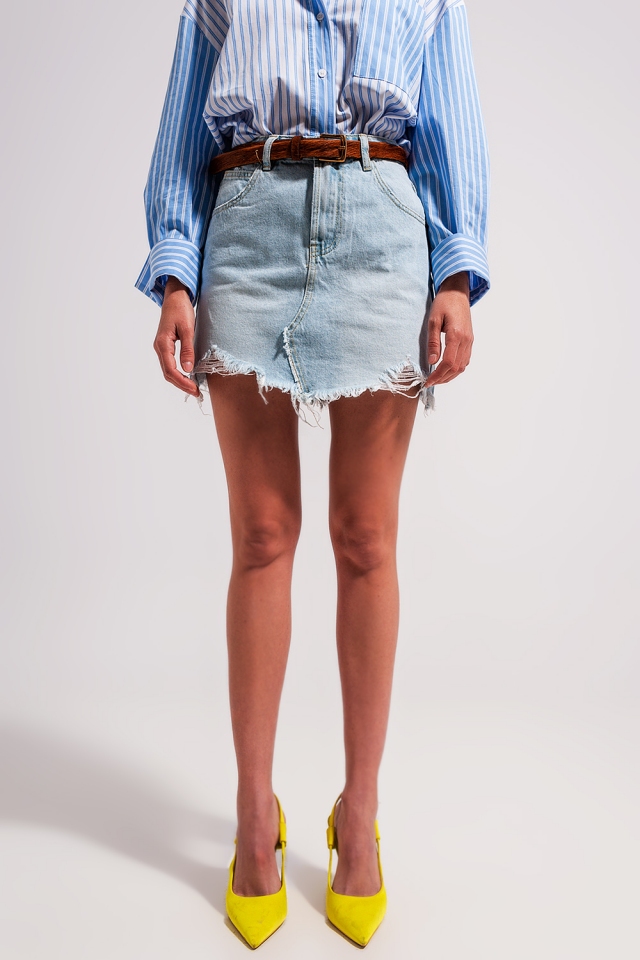 Denim mini skirt with raw hem in light wash blue
