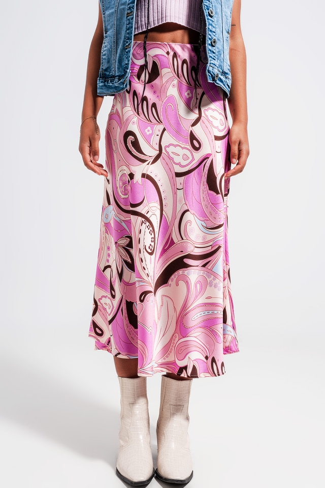 Midi skirt in abstract print in pink