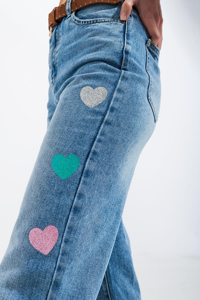 High waisted straight leg jean with heart print in mid wash