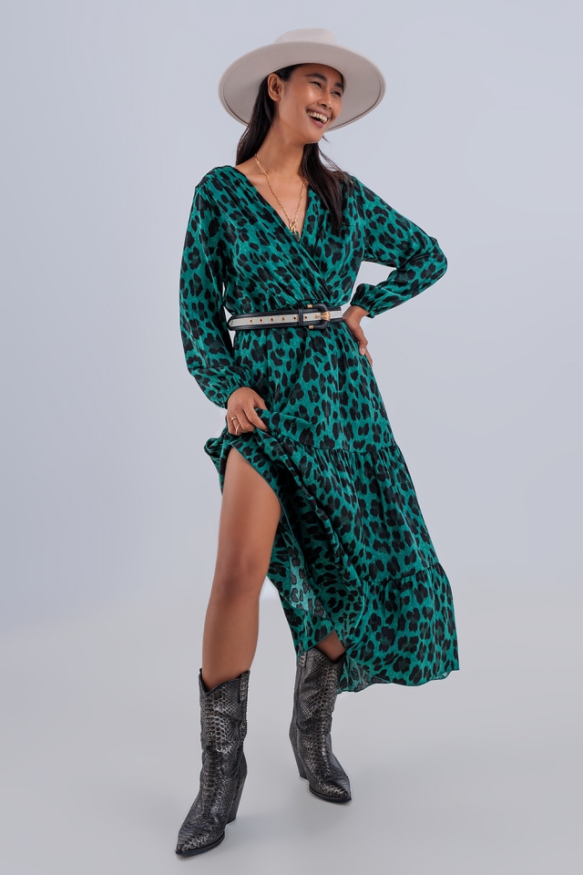 Tiered maxi wrap dress with long sleeve in green