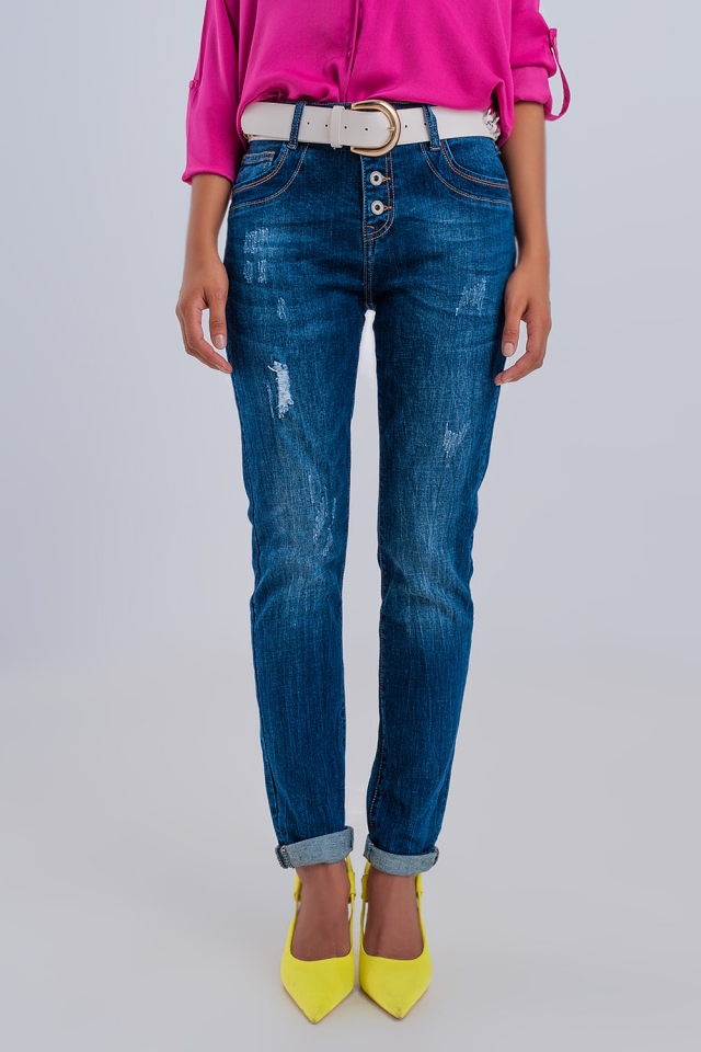 Jeans met rechte pijpen en zichtbare knoopsluiting in donkerblauw