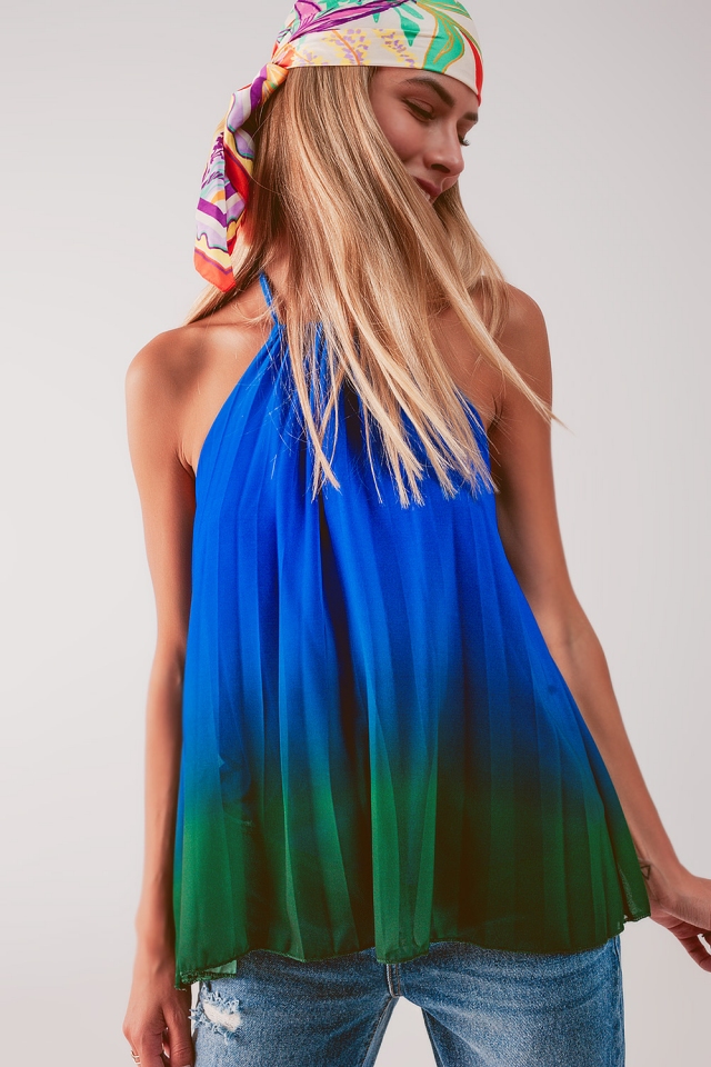 High neck pleat top in blue ombre