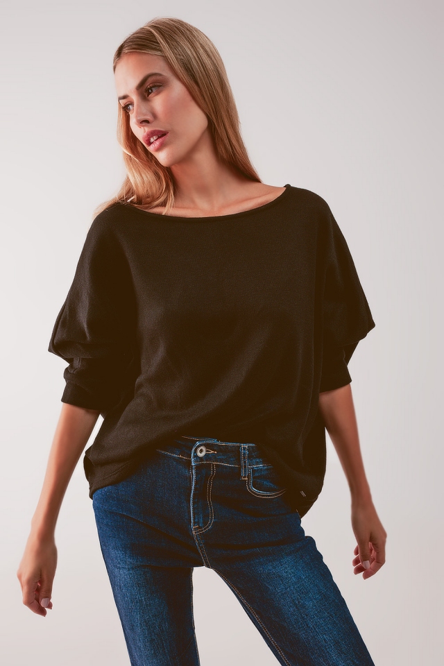 Boat neck batwing sweater in black