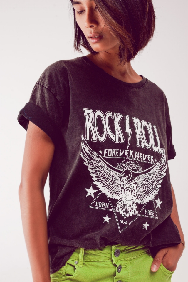 T shirt em preto com impressão gráfica Rock n Roll