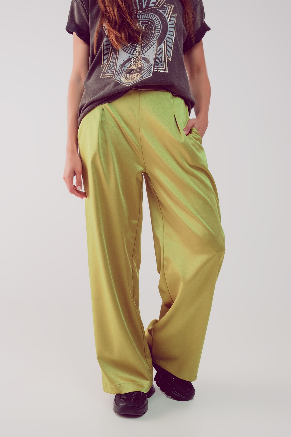 Pantalones lima de pernera ancha de satén Pantalones lima de pernera ancha de satén