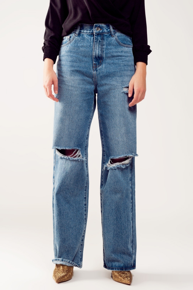 Jeans im Used Look mit geradem Bein in Mittelblau