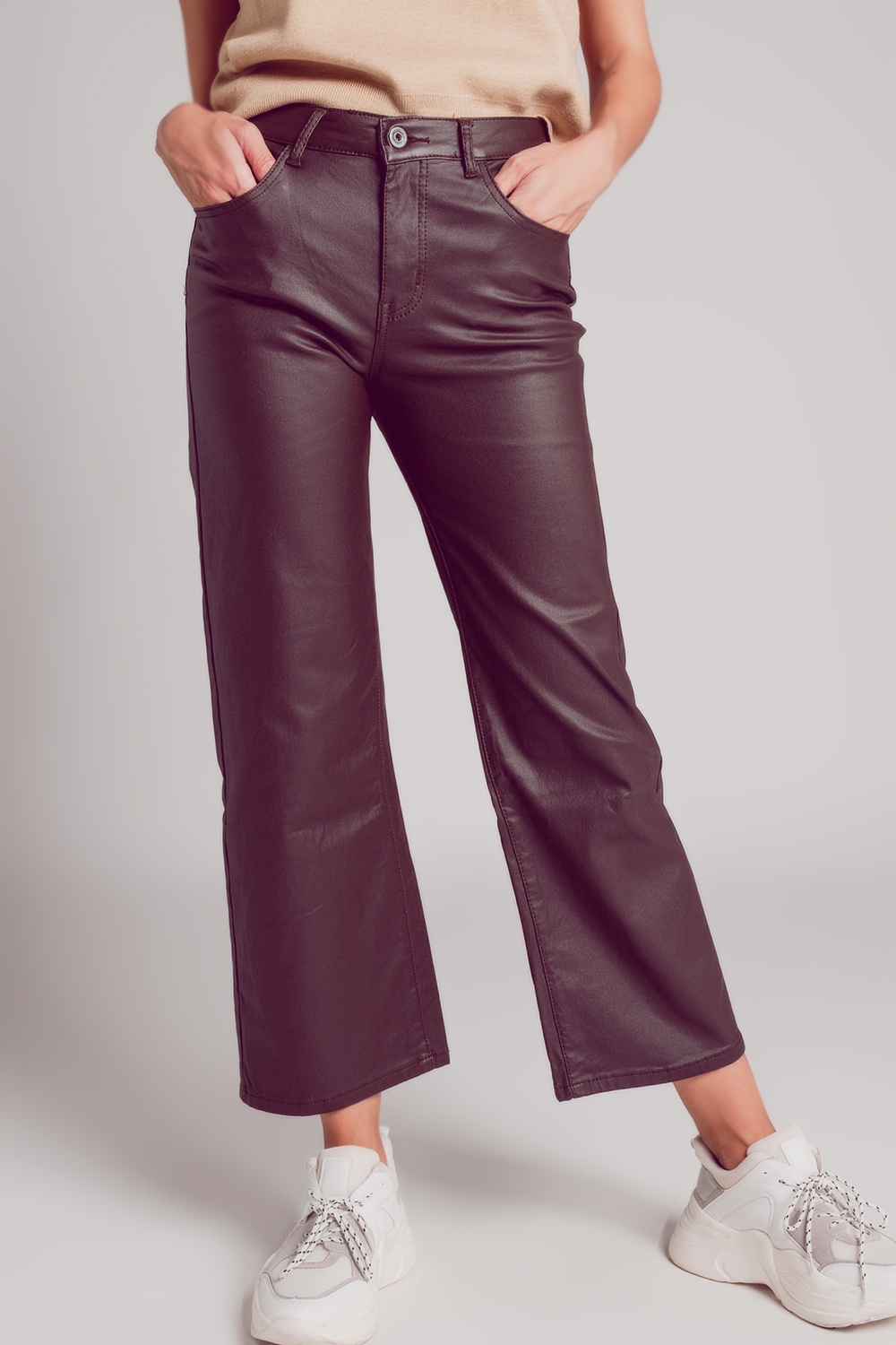 Pantalones marron chocolate de pernera ancha de cuero sintético Pantalones marron chocolate de pernera ancha de cuero sintético