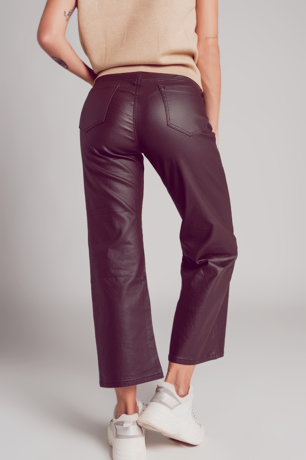 Pantalones marron chocolate de pernera ancha de cuero sintético Pantalones marron chocolate de pernera ancha de cuero sintético