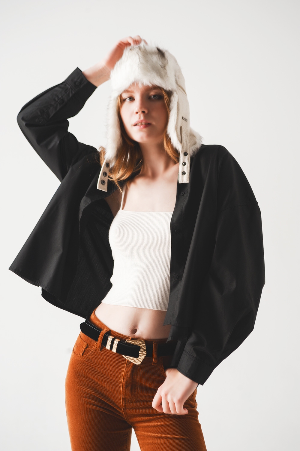 Camisa oversize en mezcla de algod&oacute;n negra