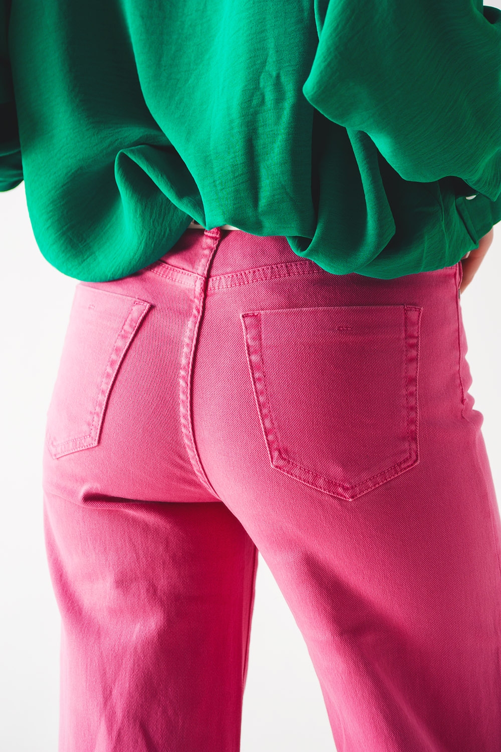 Vaqueros rosa de pernera ancha de mezcla de algodón Vaqueros rosa de pernera ancha de mezcla de algodón
